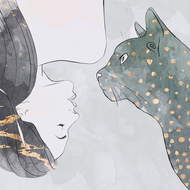 A stylized artistic illustration shows a woman and a cat facing each other, featuring watercolor textures, gold foil spots, and minimalist line art.